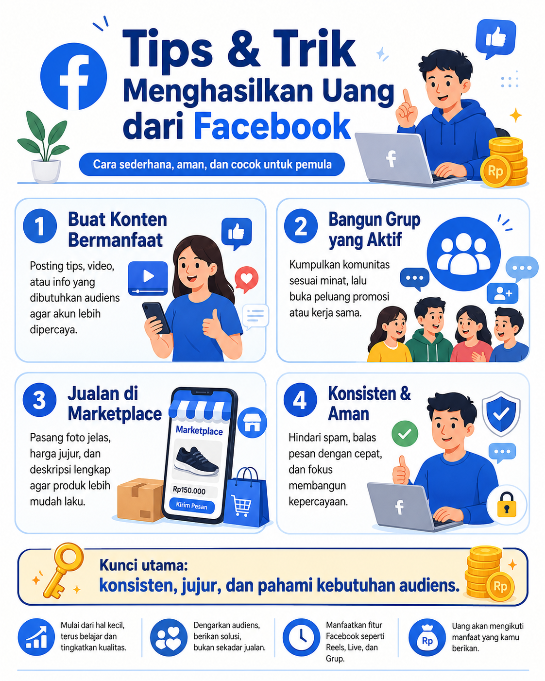 Temukan tips menghasilkan uang dari Facebook lewat konten, grup, dan Marketplace dengan cara sederhana, aman, dan cocok untuk pemula.