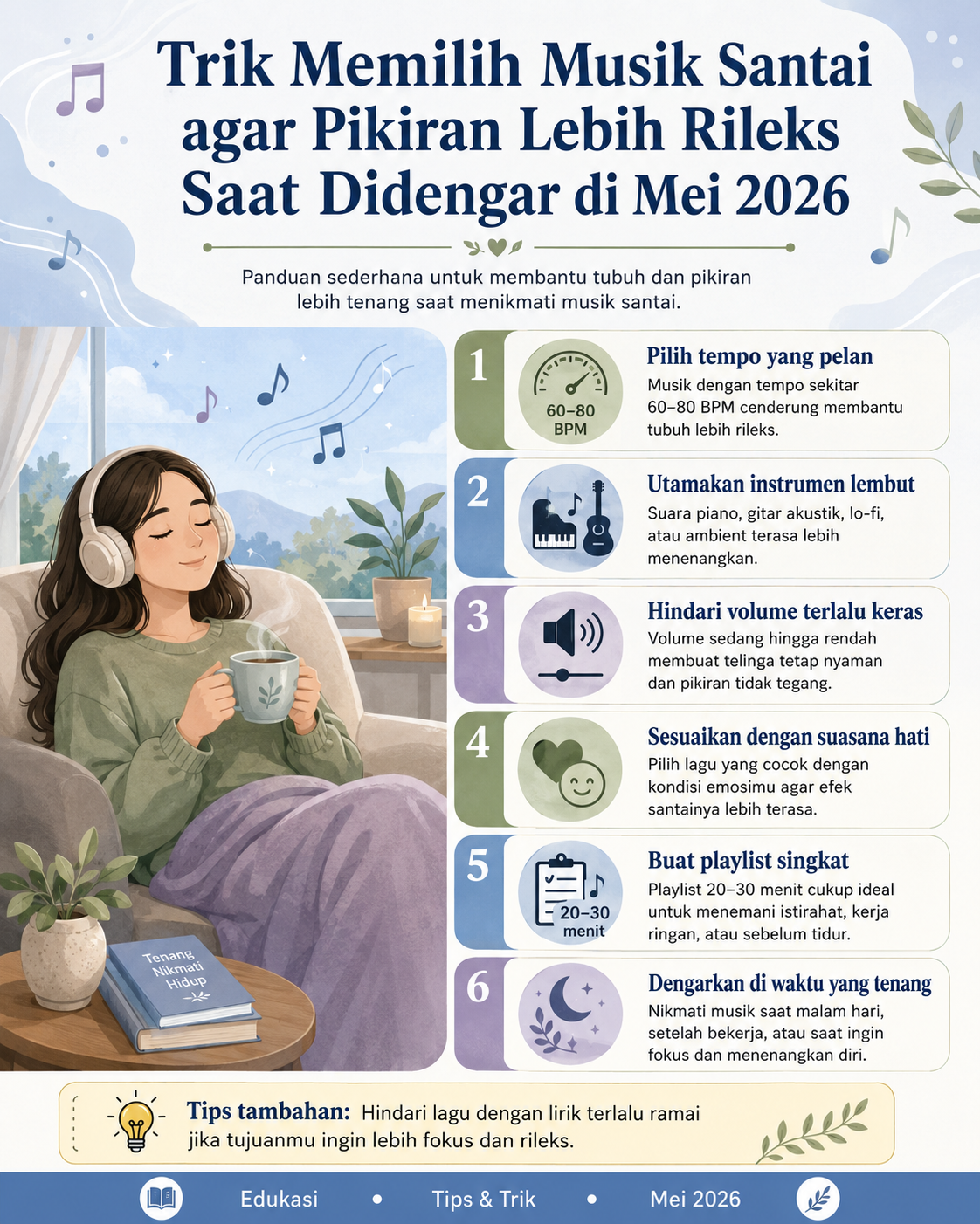 Temukan trik memilih musik santai yang nyaman didengar agar pikiran lebih rileks, hati tenang, dan suasana Mei 2026 terasa lebih damai.